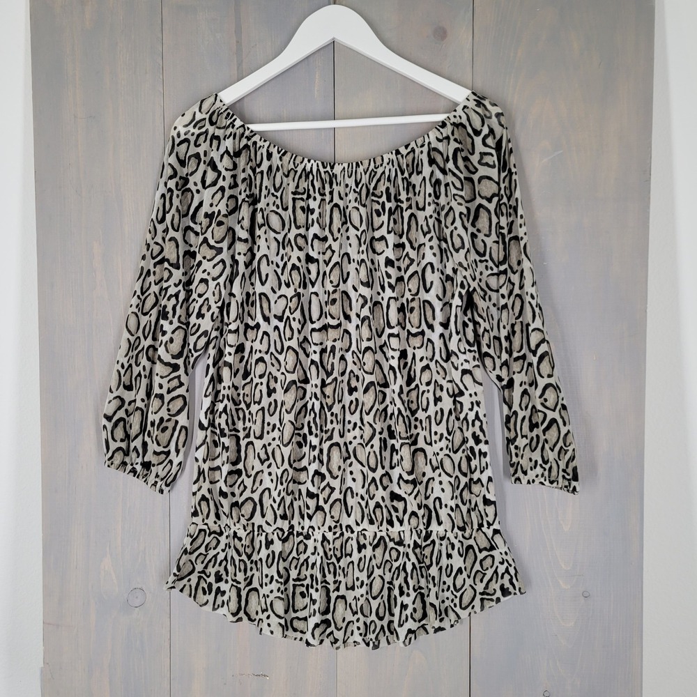 Lane Bryant Mesh Blouse Womens 14/16 Tan Leopard Peplum Off Shoulder Top